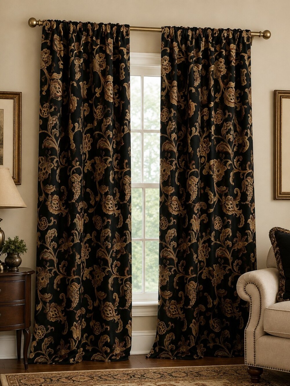 JC Penney 2 Black & Gold Jacquard Drapery Curtain Panels Elegant 50" W 108" L Ea
